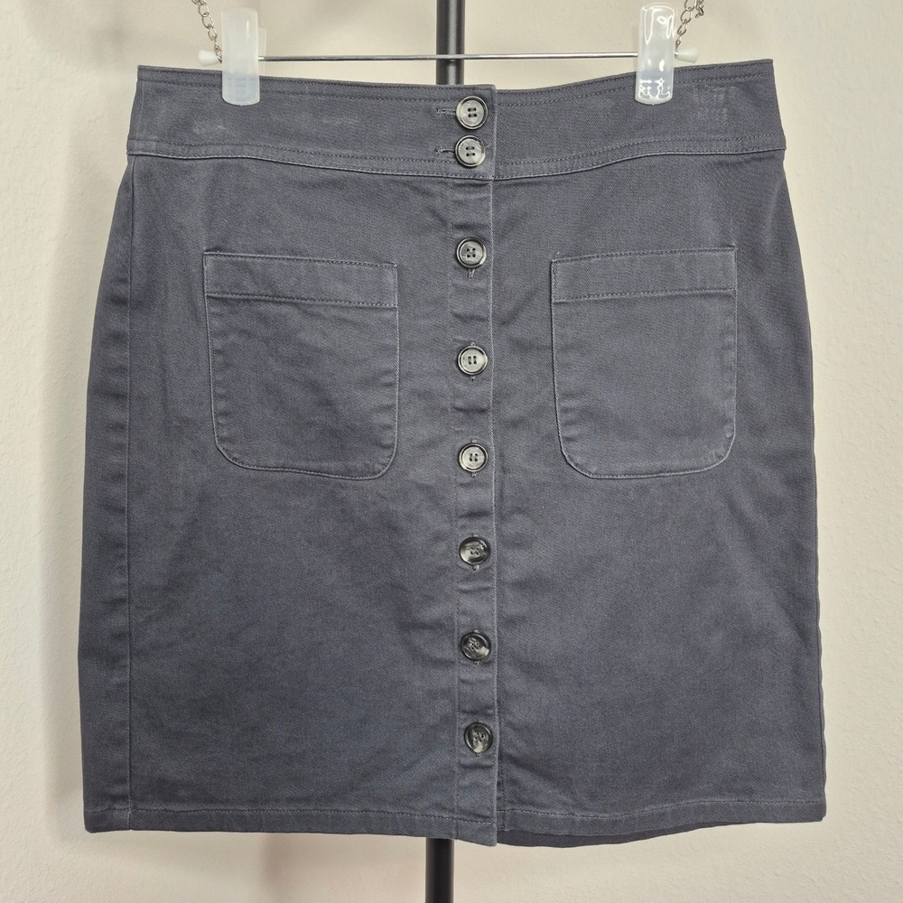 Loft Outlet Petite Gray Button Front Mini‎ Skirt Cotton Twill Pockets 2P Classic